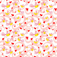 Vector seamless pattern with birds and hearts.