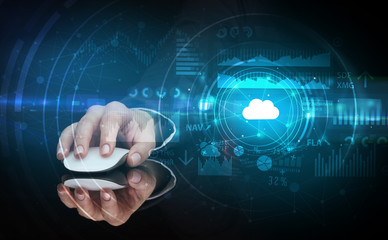 Hand using wireless mouse with cloud technology concept and dark background
