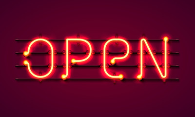 Neon sign with text open, entrance is available.