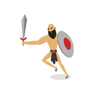 Bearded rome gladiator with steel sword and round shield