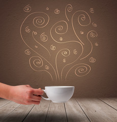 Steaming warm drink decorated with doodle line art
