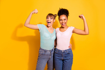 Portrait cute hipsters youth millennial raise fist scream yes yeah ready save world bodybuilders...