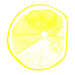 round yellow lemon slice drawn in watercolor, isolated on white.