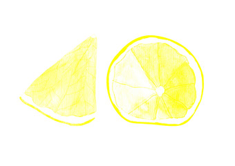 two slices of lemon, yellow watercolor isolated on white.