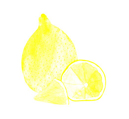 Yellow juicy lemon and slices for detox diet. Isolated on white. Watercolor illustration.