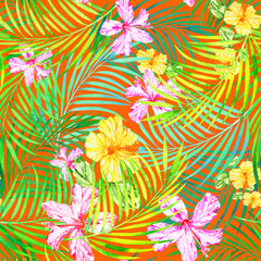 seamless floral tropical pattern of hibiscus flowers and palm leaves on a sultry orange background