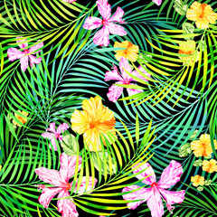 seamless hawaiian tropical pattern, palm leaves and hibiscus flowers on a black background, summer night floral jungle.
