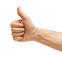 Man's hand showing thumb up - like sign, isolated on white background. Close up. Positive concept....