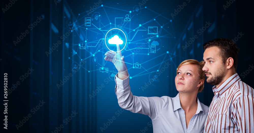Poster Man and woman touching hologram projection displaying cloud system 
