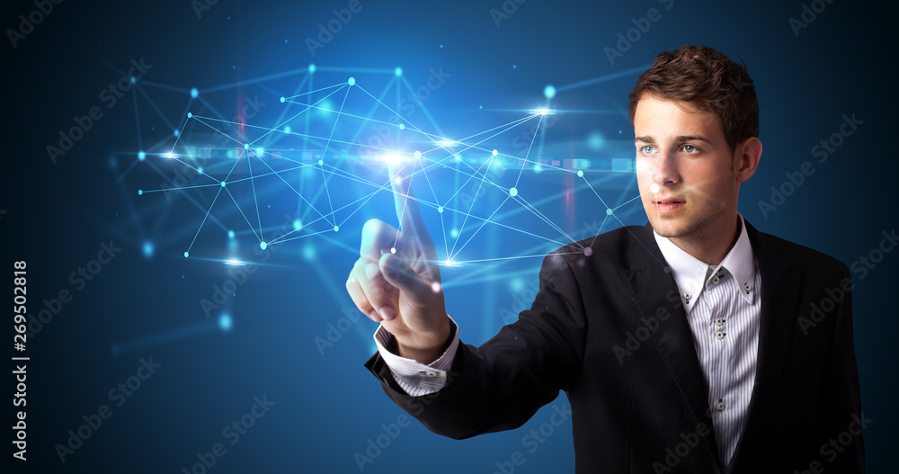 Aufkleber Man touching hologram screen displaying modern web system
