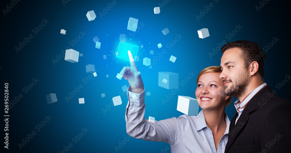 Poster man and woman touching hologram screen displaying cube symbols