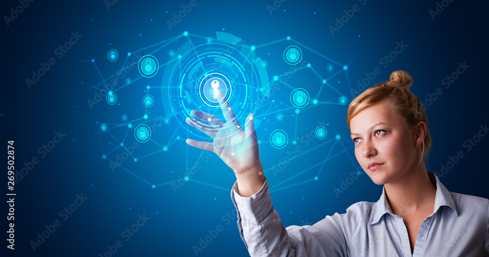 Poster woman touching hologram screen displaying keys and locks