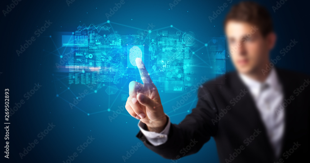 Aufkleber Man accessing modern hologram personal database with fingerprint identification