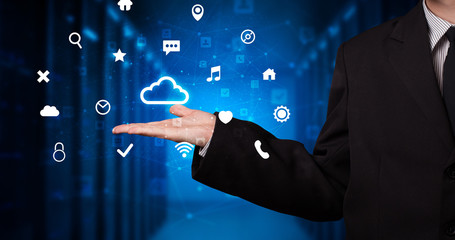 Person holding hologram screen displaying information from cloud technology
