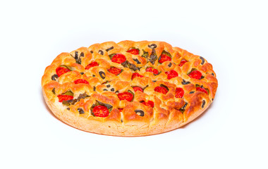 Delicious fresh traditional Italian focaccia bread with tomatoes, green peppers  M