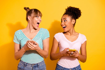 Portrait positive cheerful funky smm student use notification beautiful look scream omg wow...