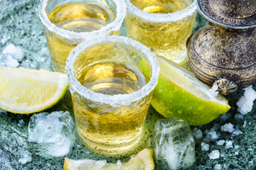 Tequila shot with lime and salt
