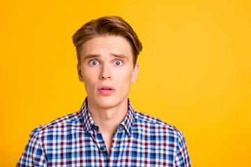 Close up photo amazing he him his man ideal perfect hairstyle styling mouth open eyes full fear oh no facial expression wear casual plaid checkered shirt outfit isolated yellow bright background