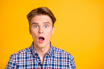 Close up photo amazing he him his man ideal perfect hairstyle styling mouth open eyes full fear oh...