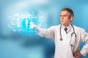 Doctor touching hologram screen displaying medical symbols and charts
