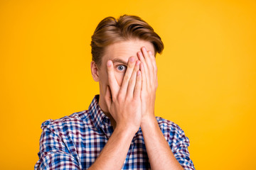 Close up photo amazing he him his man arms fingers hiding eyes full fear oh no facial expression...