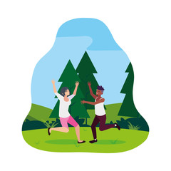 interracial young couple celebrating in the camp