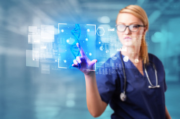 Doctor touching virtual screen with biology and genetic concept