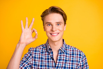 Close up photo amazing youth he him his man hand arm finger okey symbol advising buy buyer product...