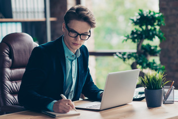 Portrait of handsome executive corporate cool confident smart economist prepare briefing statistics...