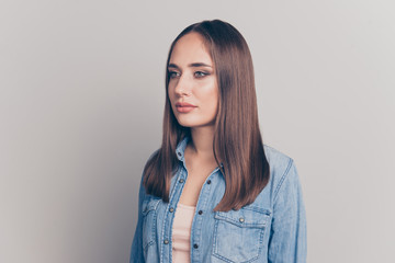 Portrait of stunning nice pretty youngster person feel glad pensive minded thoughts dressed...