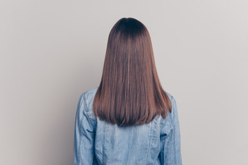 Back rear behind view photo of charming classy stunning luxury lady good-looking peaceful positive cute nice wear fashionable spring youth outfit isolated grey background