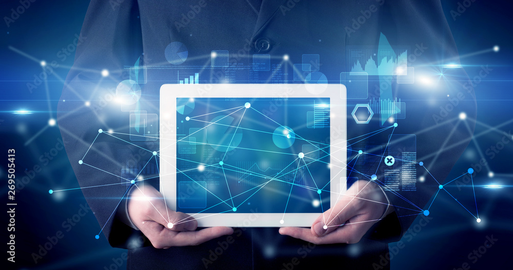 Poster elegant hand holding tablet with virtual database and network concept