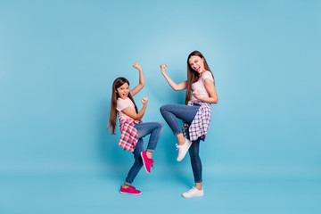Full length body size view portrait of two nice charming attractive lovely cheerful cheery ecstatic...