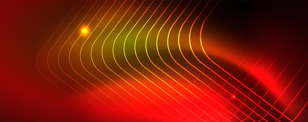 Techno glowing background, futuristic dark template with neon light effects and simple forms, vector