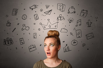 Pretty girl with drawn tasks above her head
