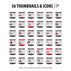 vector set of web thumbnails and icons, collection of 36 tabs with signs and symbols, read more buttons, red and gray ribbons, and other creative isolated graphic design elements on white background - 269507469