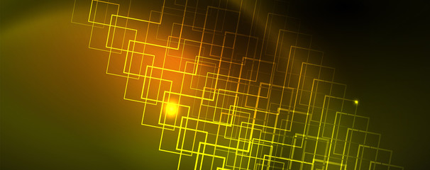 Techno glowing background, futuristic dark template with neon light effects and simple forms, vector