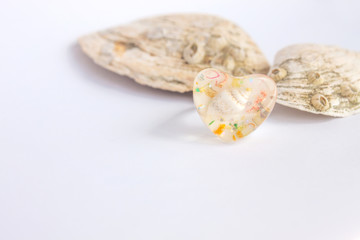 Composition of exotic sea shells and heartshaped ring on a white background, copy space.
