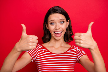 Close up photo positive cheerful charming lady pretty astonished incredible news sales discount...