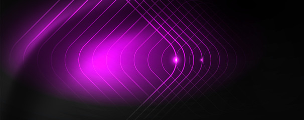 Shiny neon techno template. Neon lines background, 80s style laser rays