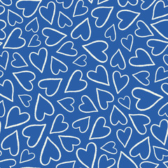 Hand drawn white and blue outlined hearts in a tossed pattern. A pretty vector seamless repeat pattern ideal for valentines fabric, scrap booking and stationery projects projects.