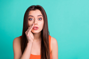 Portrait of cute funny funky lady youth place palm hand mouth share private information you she girlish feminine dressed summer fashionable outfit isolated teal background