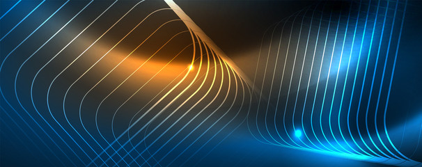 Neon glowing techno lines, hi-tech futuristic abstract background template, vector