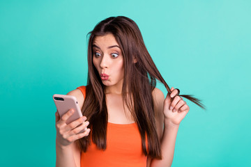 Portrait negative upset frightened cute youth teen hold hand modern technology search news...