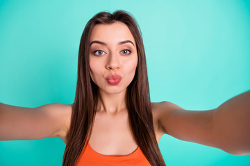 Close up photo beautiful amazing her she lady coquette make take selfies tell speak say skype send...