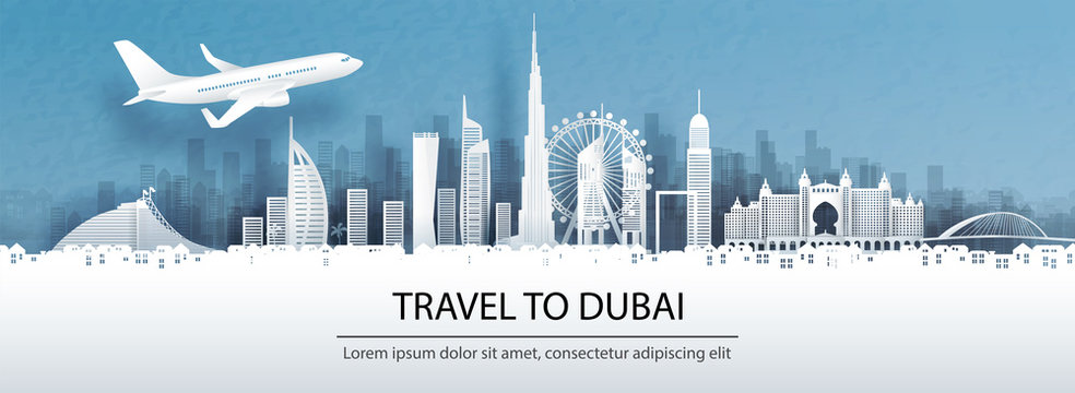 Travel Advertising With Travel To Dubai Concept With Panorama View Of City Skyline And World Famous Landmarks In Paper Cut Style Vector Illustration.