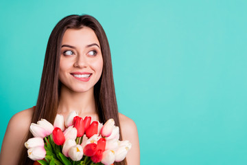 Close up photo beautiful amazing her she lady look empty space wondered hands arms fresh flowers white red tulips anniversary wear casual orange tank-top isolated bright teal turquoise background
