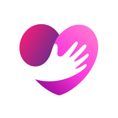 love and care logo icon, heart with hand shape logo design