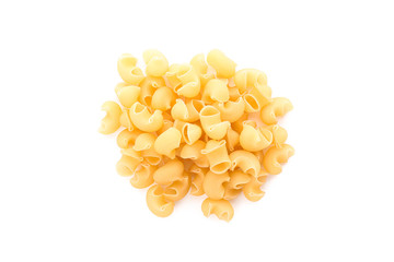 Pasta isolated on white background, top view. Traditional shape of dry uncooked whole pasta