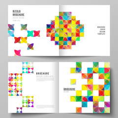 The vector illustration layout of two covers templates for square design bifold brochure, magazine, flyer, booklet. Abstract background, geometric mosaic pattern with bright circles, geometric shapes